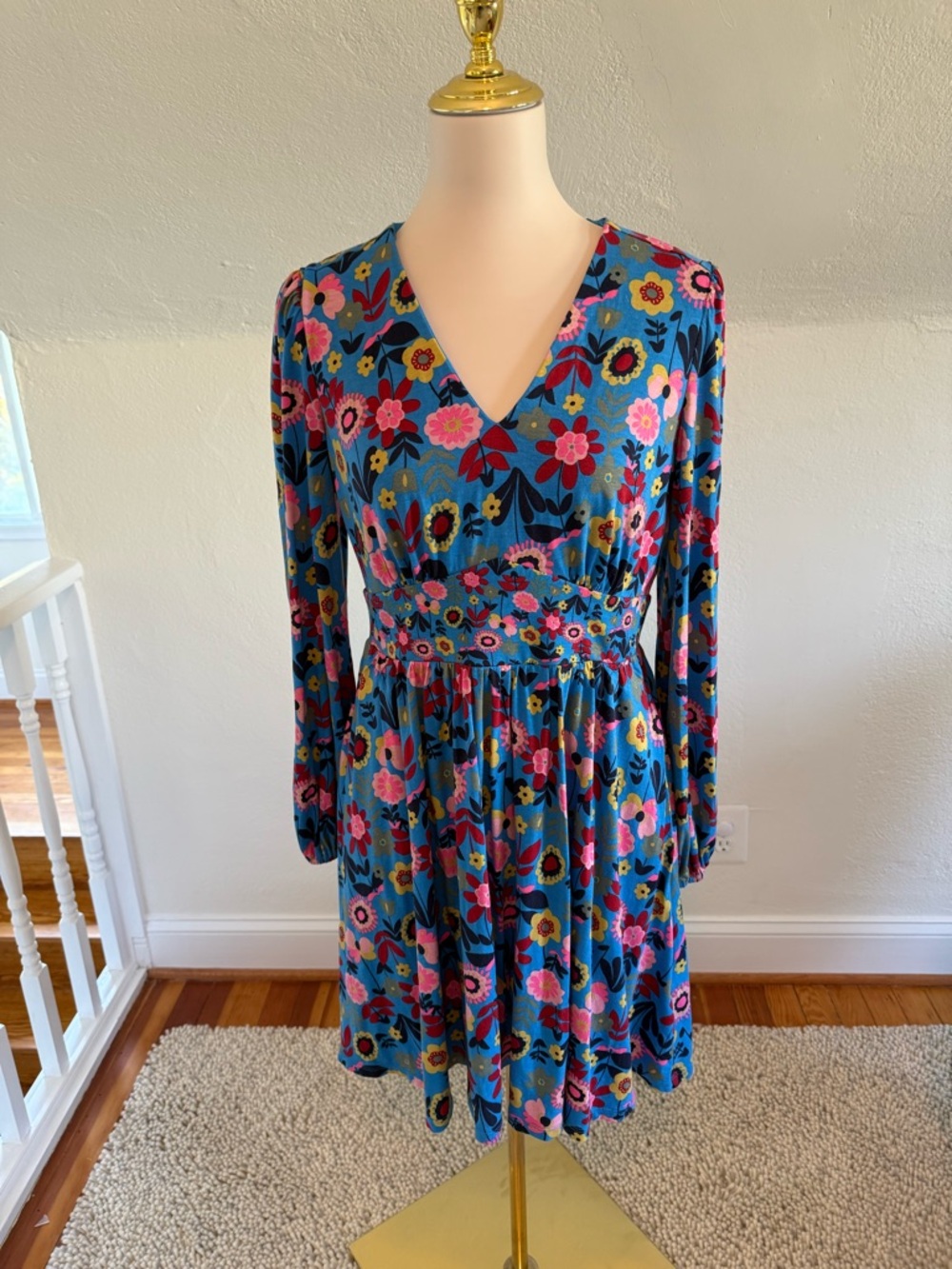 Boden Moroccan Blue Flora Bloom Jersey Mini Tea Dress Size 8 - Picture 2 of 10